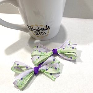 5/$25 Set of 2 Purple and Green Flower Bow Clips